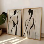 deux tableaux abstraits figures humaines noir beige minimaliste moderne decoration salon chambre tissu toile