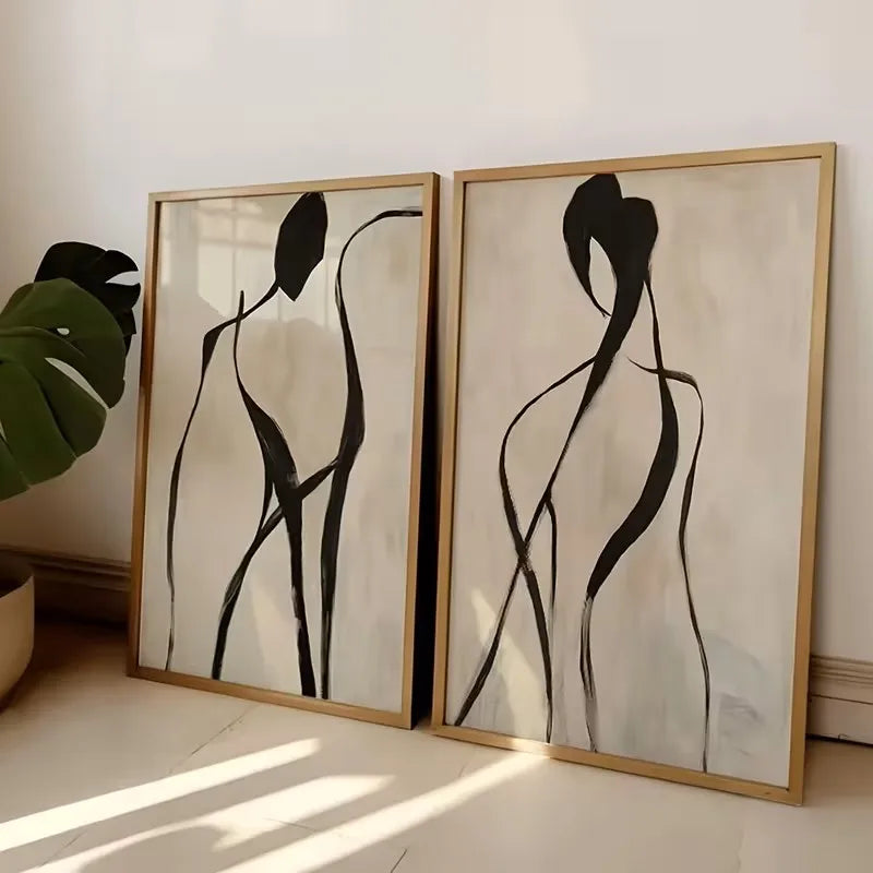 deux tableaux abstraits figures humaines noir beige minimaliste moderne decoration salon chambre tissu toile