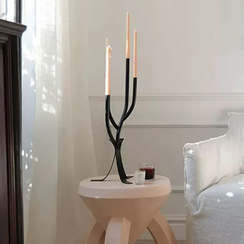 porte bougies moderne noir arbre sculpture contemporain décoration intérieure support métal trois bougies 64cm