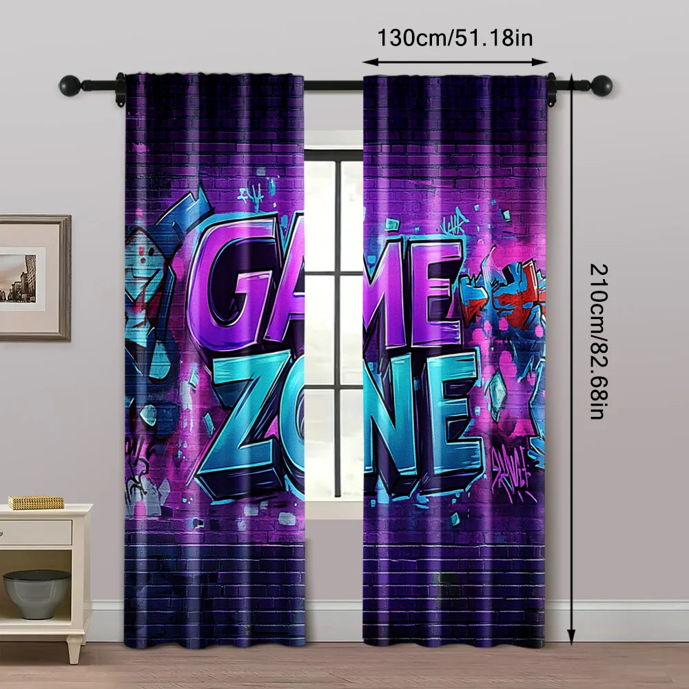 rideaux deux pièces graffiti game zone briques violet turquois rouge blanc urbain