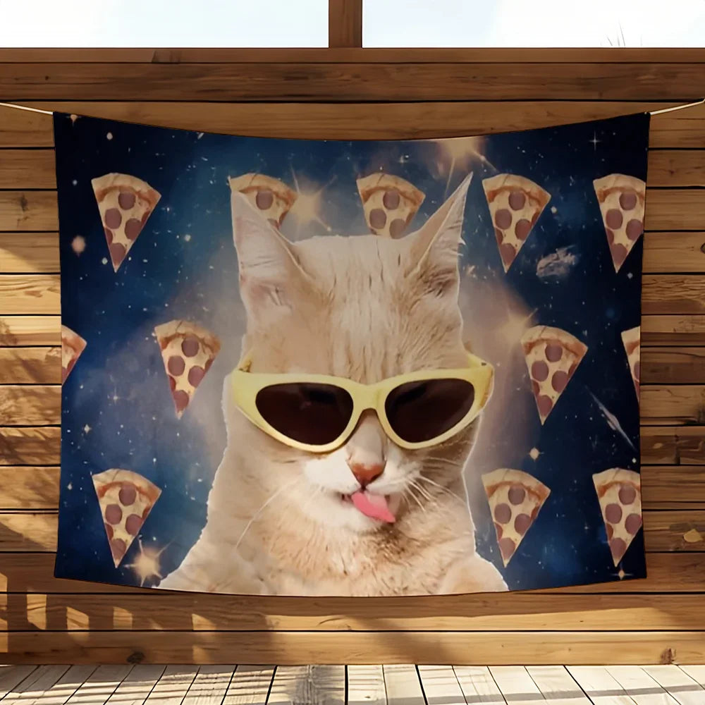 tapisserie murale chat espace vert motif galactique décoration chambre salon moderne humour tissu polyester