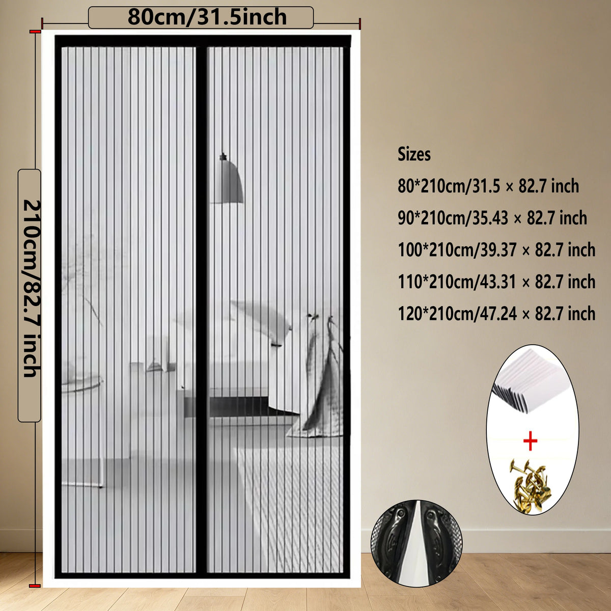 rideau magnétique anti moustiques noir rayures moderne adhésif porte été respirant 80cm 210cm