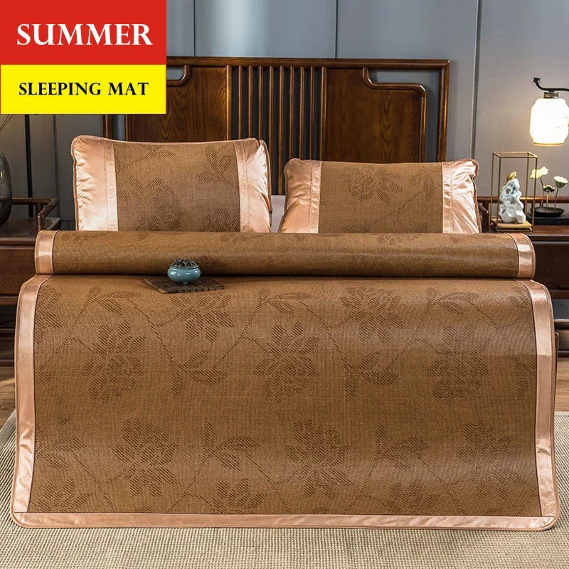 matelas sommeil rotin bambou beige marron carreaux géométriques coussins lit double