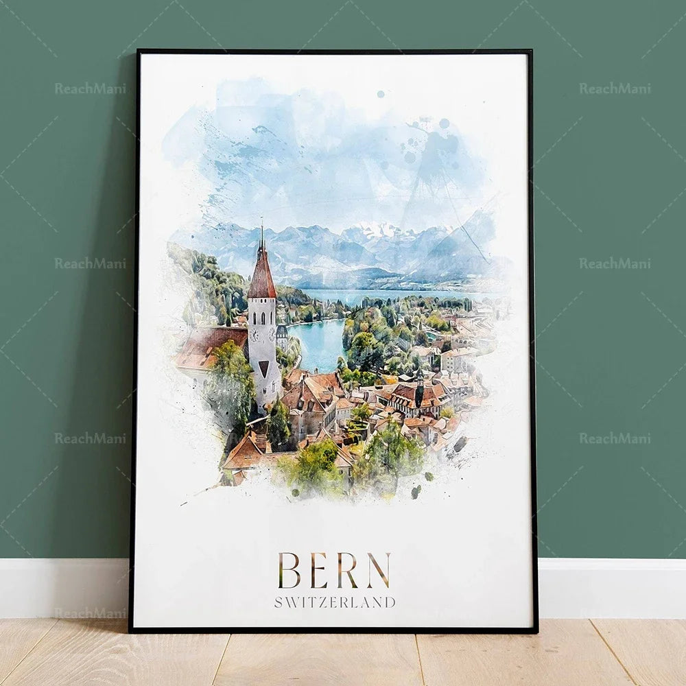 Une représentation aquarellée de la ville historique de Berne, en Suisse, avec son célèbre clocher et son panorama pittoresque sur le lac.