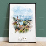 Une représentation aquarellée de la ville historique de Berne, en Suisse, avec son célèbre clocher et son panorama pittoresque sur le lac.