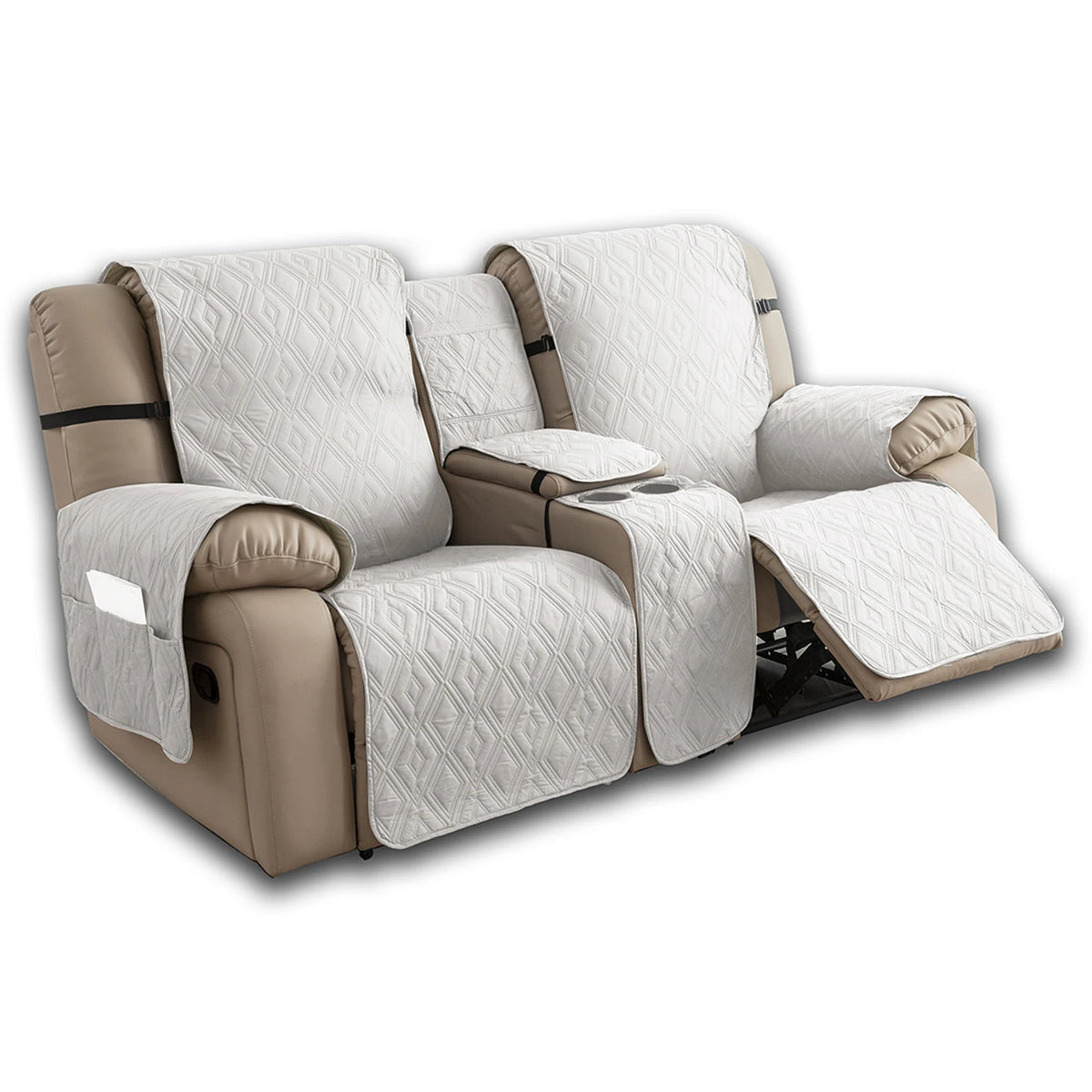 couvre siège fauteuil inclinable gris beige texture géométrique moderne bandes ajustables poche pratique