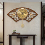horloge murale chinoise traditionnelle asiatique ventilateur cerf floral marron doré salon