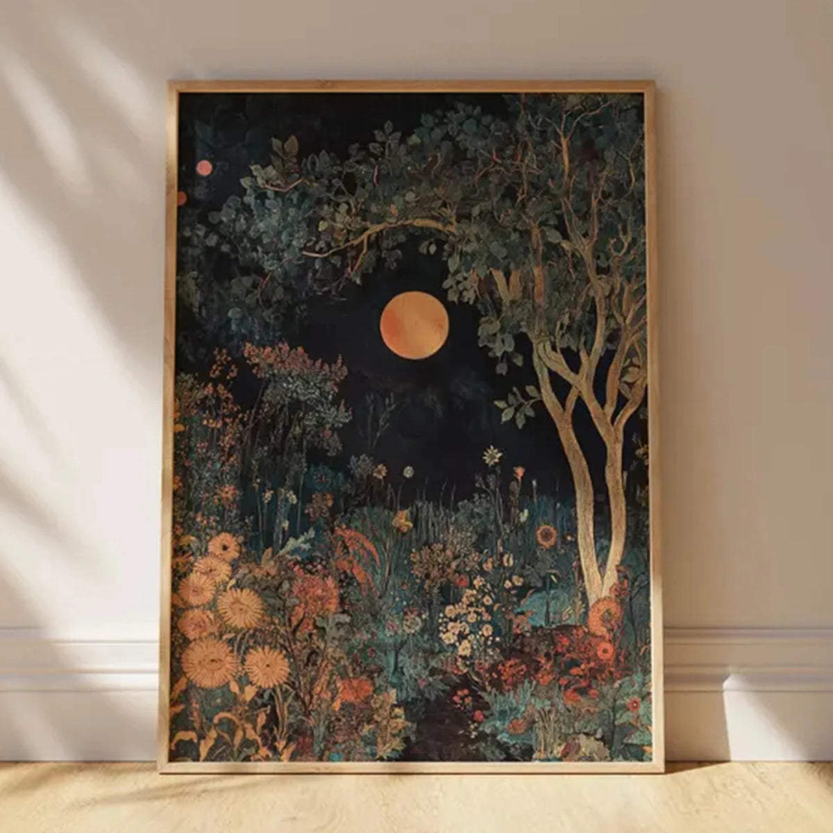 affiche murale paysage nocturne lune arbres fleurs chambre salon décoration bois opaque