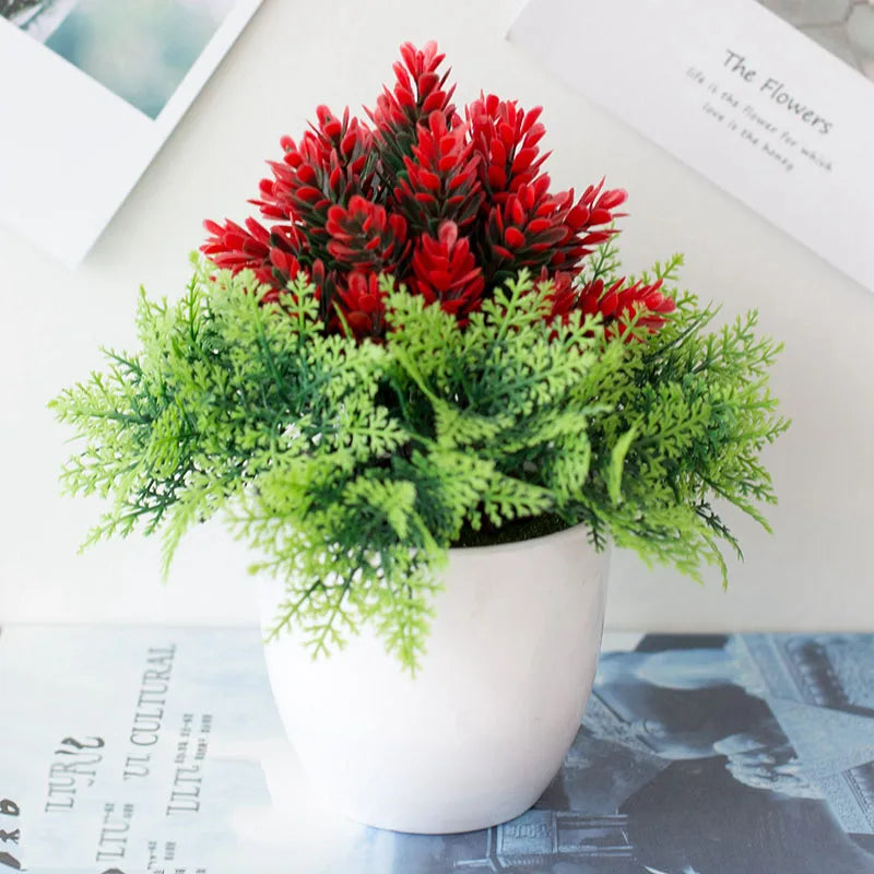plantes artificielles bonsaï rouge vert rose fleurs simples feuilles fines pot gravier décoration extérieur