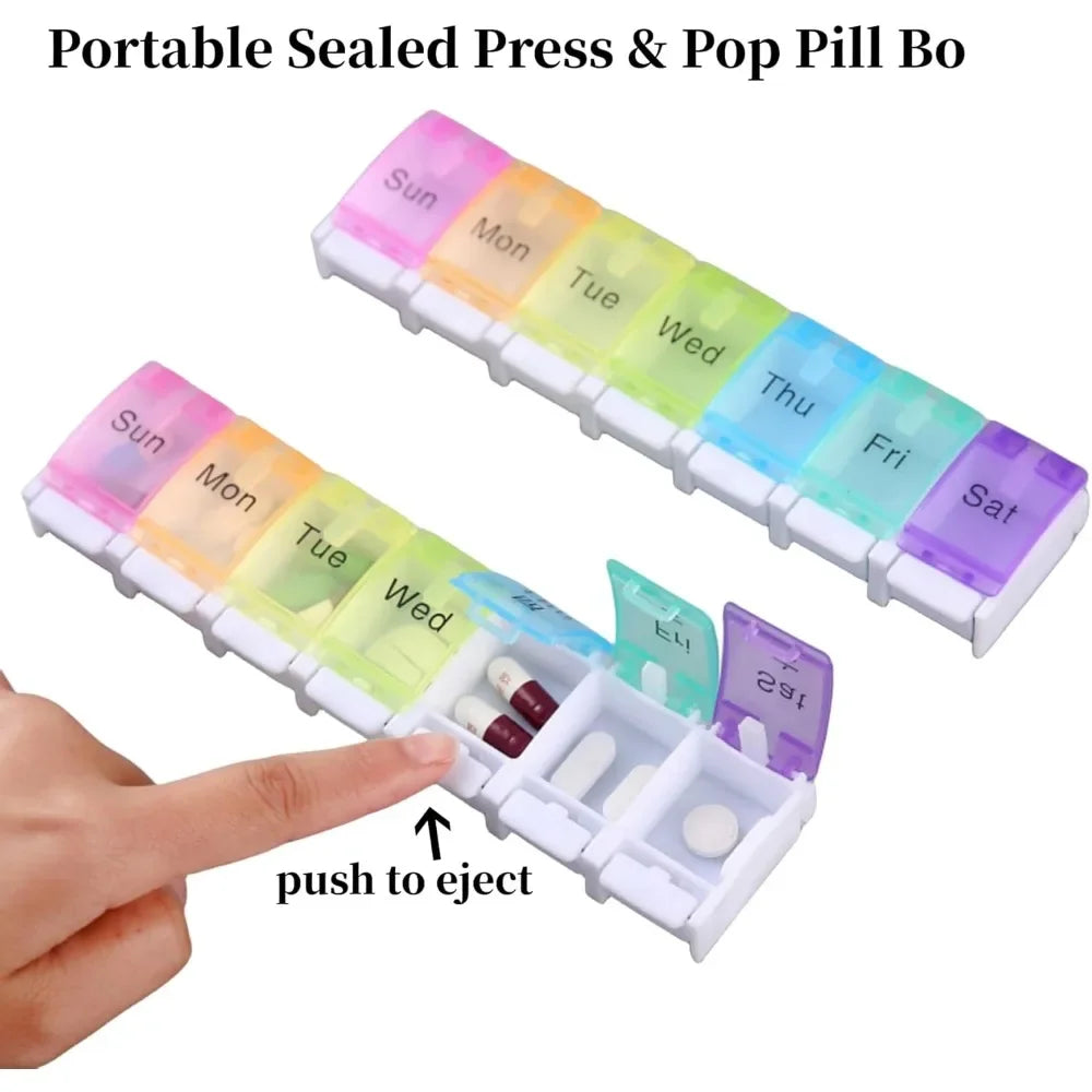 boîte pilules transparente moderne compartiments semaines couleurs rose orange verte bleu violet blanc