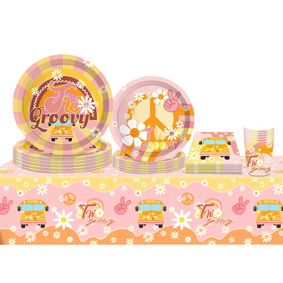 assiettes papier hippie enfant anniversaire decoration fleurs bus arc ciel vintage retro