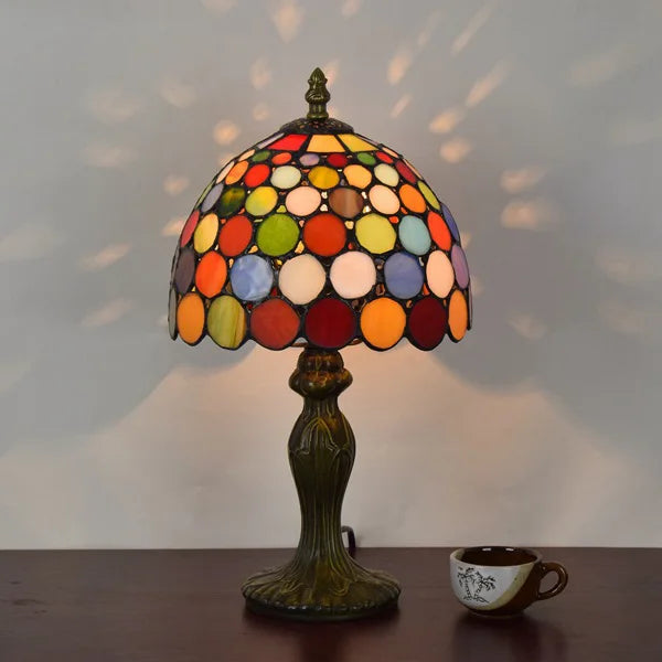 lampe table tiffany multicolore verre translucide abat jour motifs circulaires base sculptée vintage 36cm