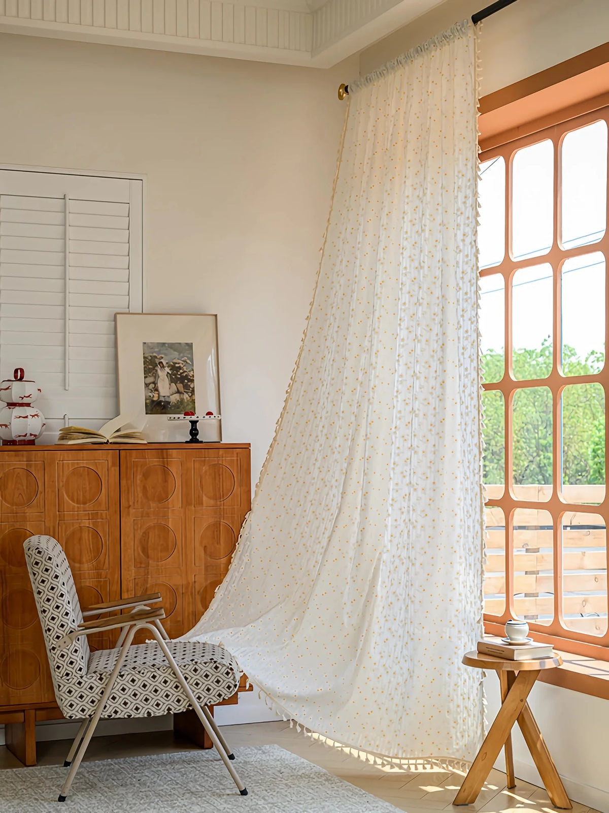 rideau boho chic fleurs blanc jaune translucide tassel coton vertical fenêtre