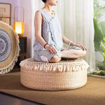 coussin sol bohème tissé franges blanches beige clair anti décubitus remplissage coton paille