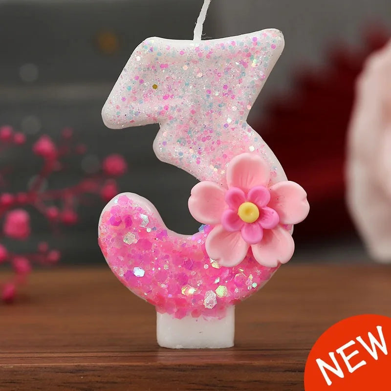 bougies numériques chiffrage blanc rose pailletées fleurs relief anniversaire décoration gâteau festif