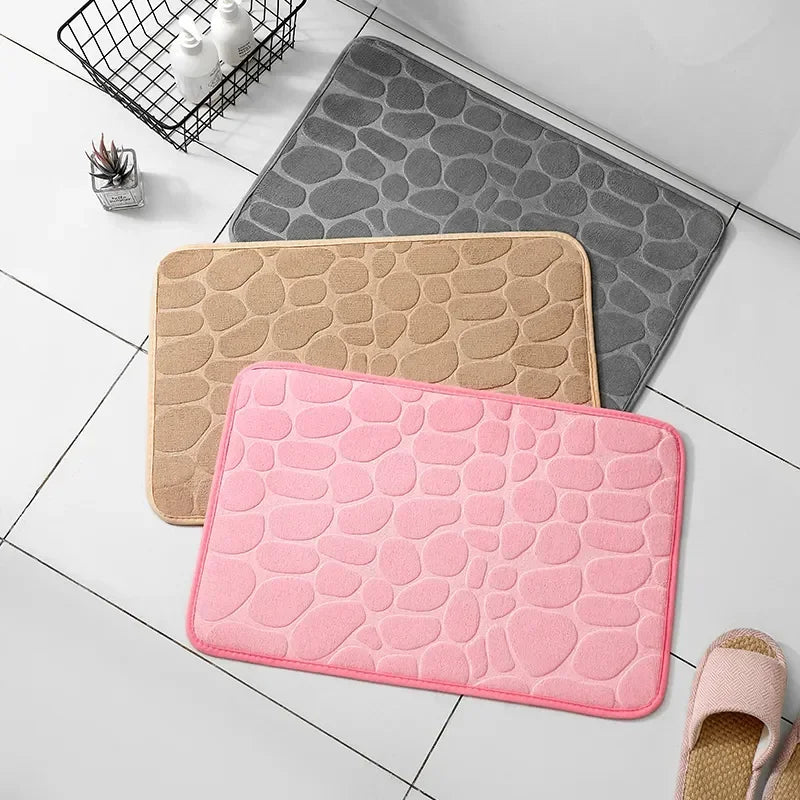 tapis bain microfibre gris beige rose texture cailloux antidérapant rapide absorbant moderne salle bain