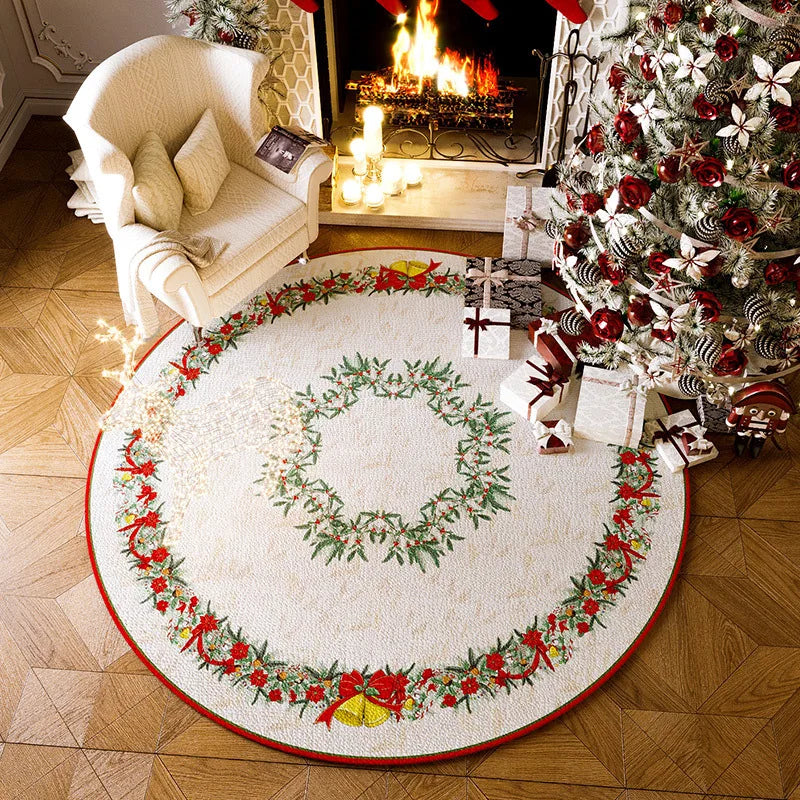 tapis sol rond noël arbre rouge cerf blanc décoratif festif maison salon intérieur