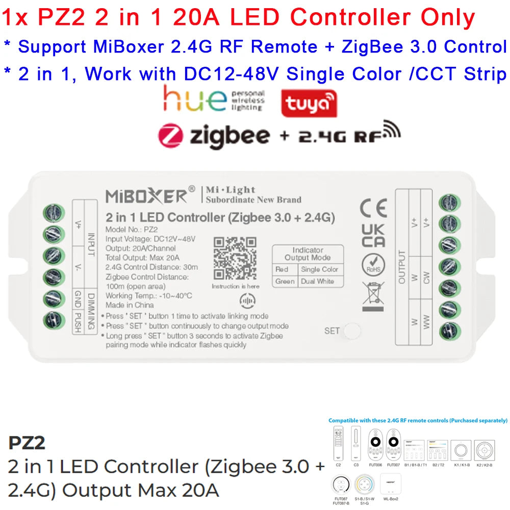 contrôleur led zigbee 3.0 wifi rgb rgbw rgb+cct 20a max charge moderne blanc