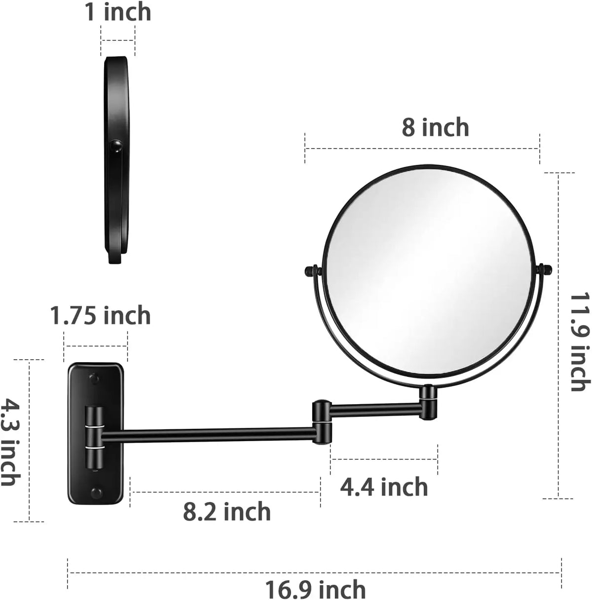 miroir cosmétique noir moderne bras articulé pouces rond sans texte