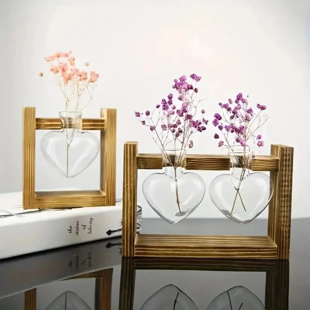 support plante verre moderne bois marron clair vase table decoration maison transparent naturel