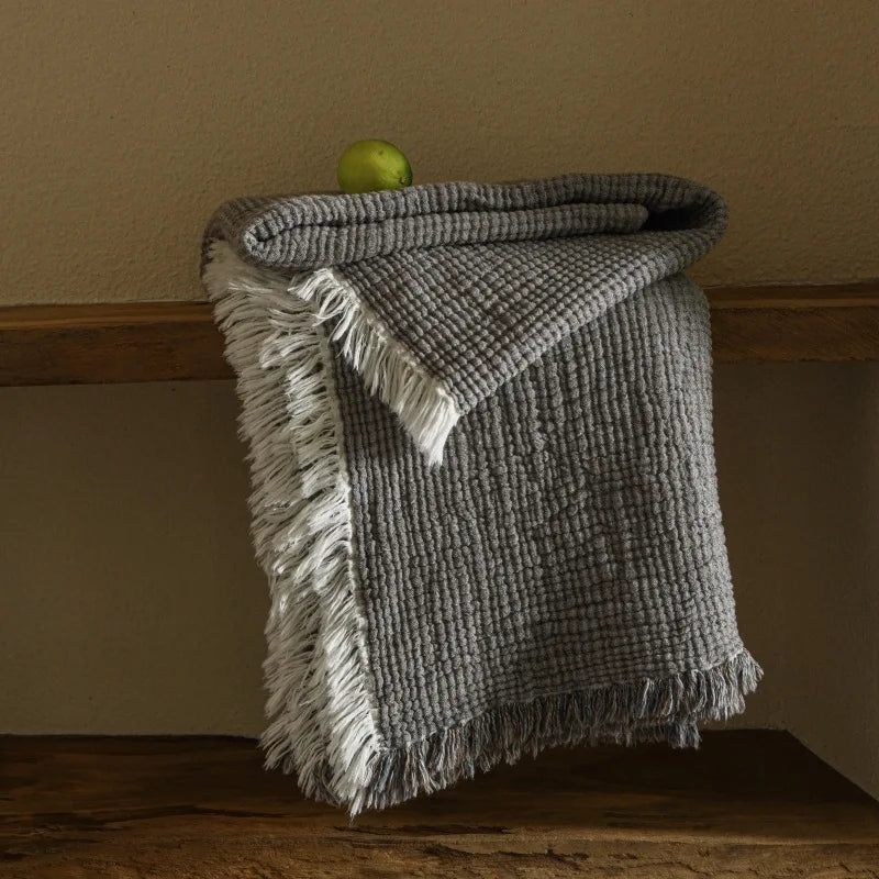 couverture coton lin solide beige gris mauve franges rustique bohème printemps automne portable texturée