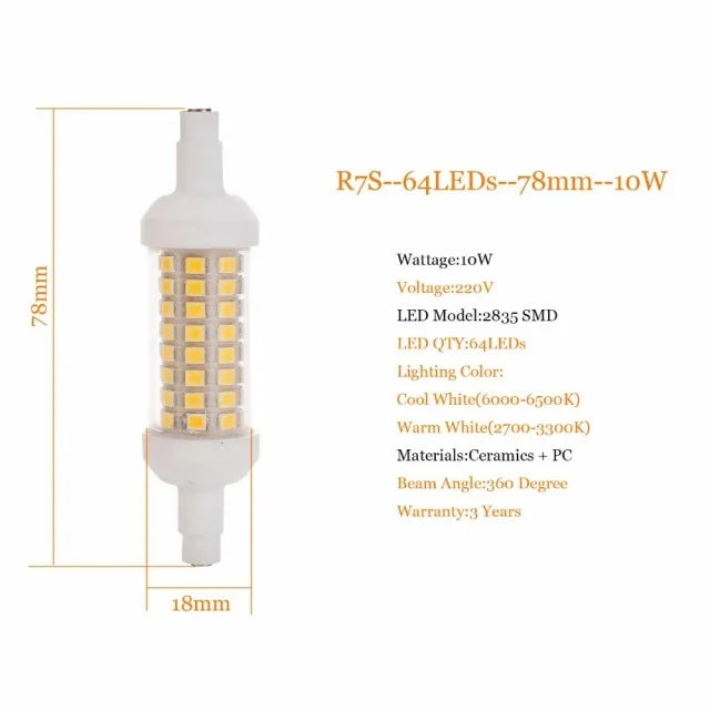 Ampoule LED R7S 220V 10W 15W 20W blanc moderne sans scintillement 80000h