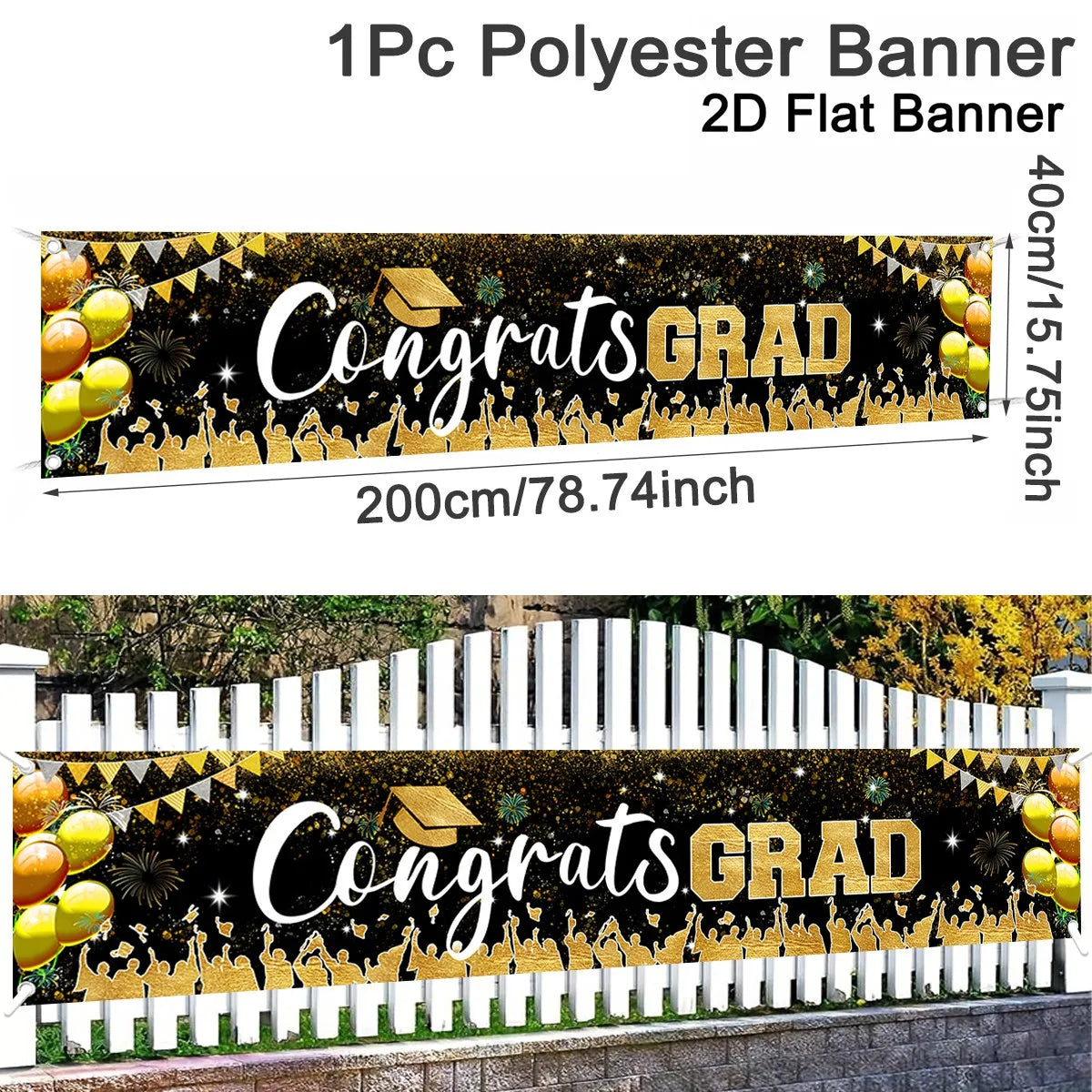 bannière célébration diplômes noir doré confettis guirlande lumineuse clips décoration événement festive