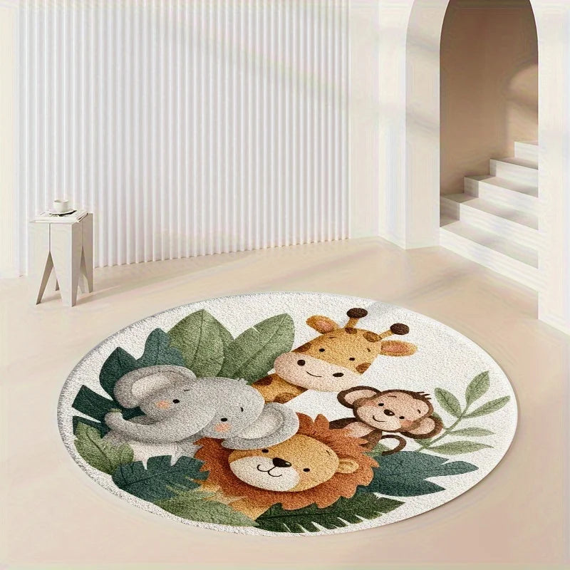 tapis animaux jungle antidérapant doux polyester blanc vert chambre enfant