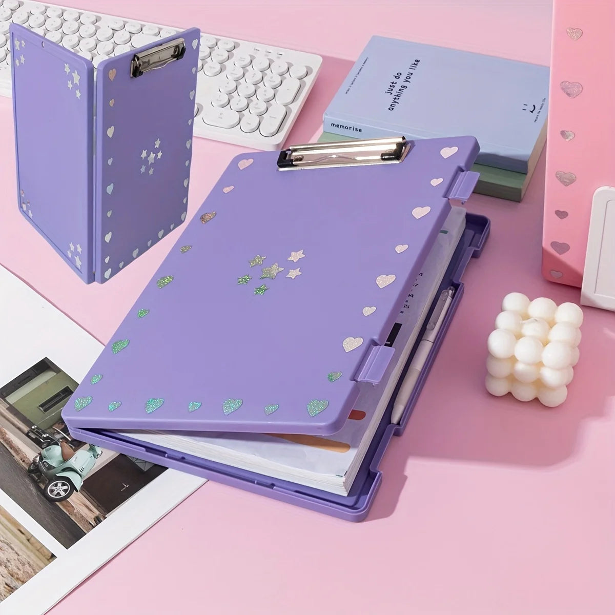 porte dossiers a4 moderne bleu clair vert rose jaune violet clips métalliques points blancs