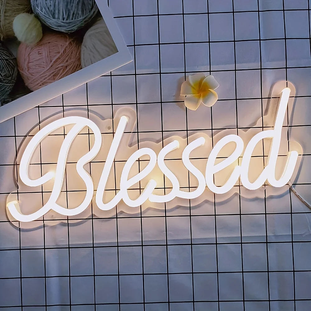 lampe néon blanc letters blessed moderne acrylique deco intérieur fixation mur chambre festive