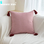 coussin carré rouge blanc rayures moderne tissage fin polyester coton tassels bord pressé occlusif