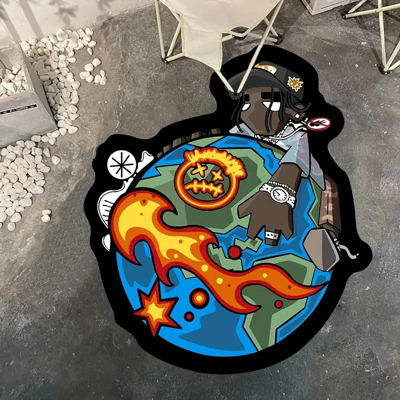 tapis graphique personnages terre flamme étoile moderne bleu orange noir