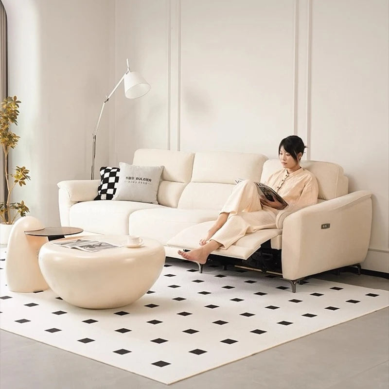 canapé d'angle moderne beige clair tissu confortable grand salon épuré coussins