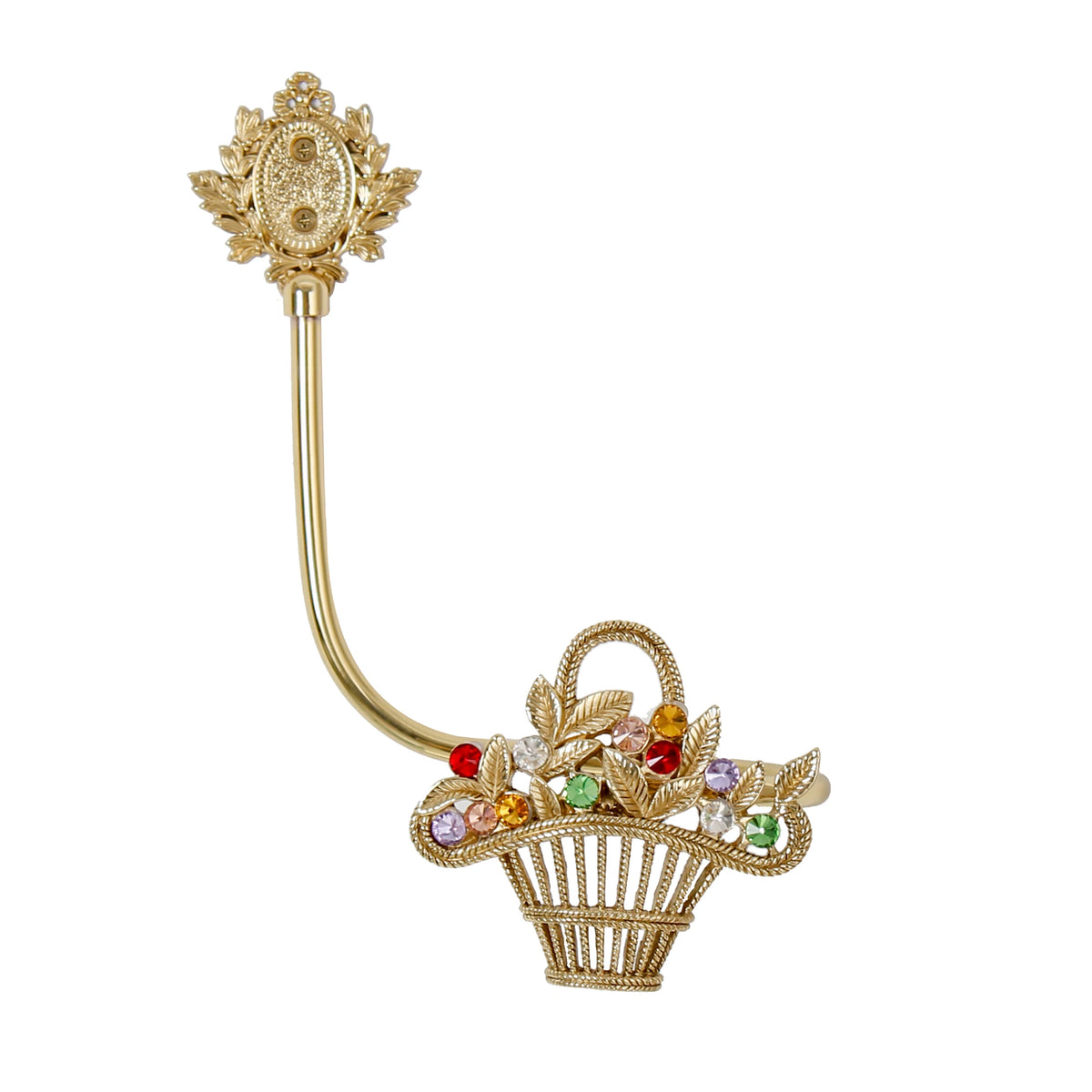 Une élégante broche dorée avec des pierres colorées représentant un panier de fleurs, un bel accessoire de mode.