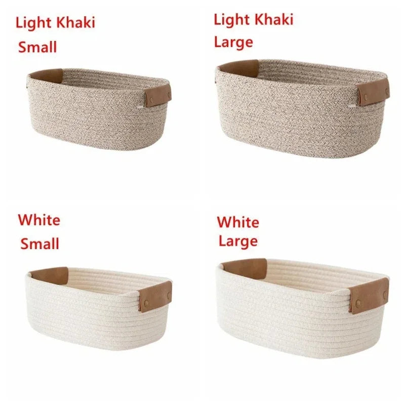 paniers rangement tissés main khaki clair blanc modernes rustiques poignées cuir eco friendly
