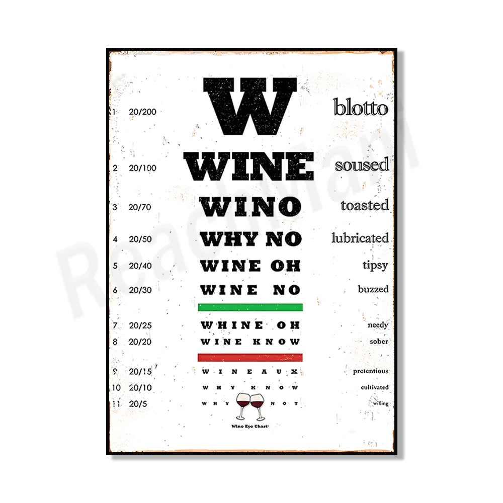 Cette affiche humoristique présente des expressions liées à la consommation de vin, dans un style rétro et vintage, avec des références aux effets potentiels sur la personne.