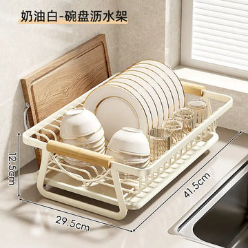 égouttoir vaisselle acier inoxydable blanc moderne assiettes bols verres poignées bois cuisine organisateur multifonctionnel