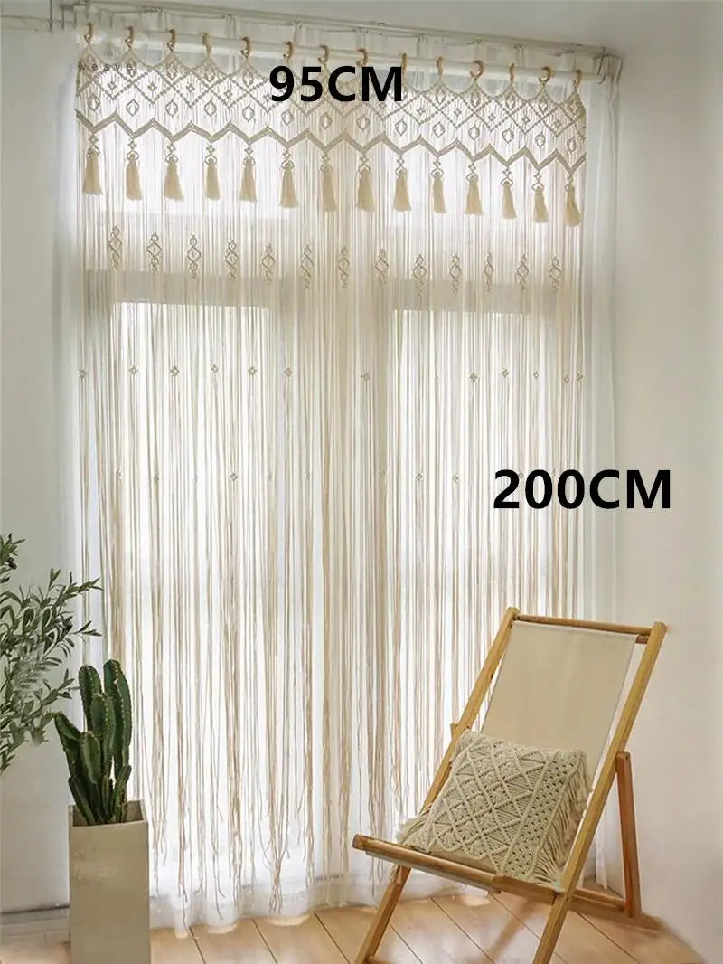rideau macramé blanc crème motifs géométriques franges boho chic crochet métallique