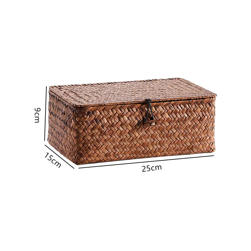 boîtes rangement tissage paille naturelle rustique boucles métalliques respectueux environnement multiple utilisations