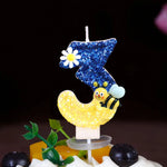 bougies anniversaire chiffres paillettes bleu jaune motifs fleurs décoratives enfants fixations boîte rangement