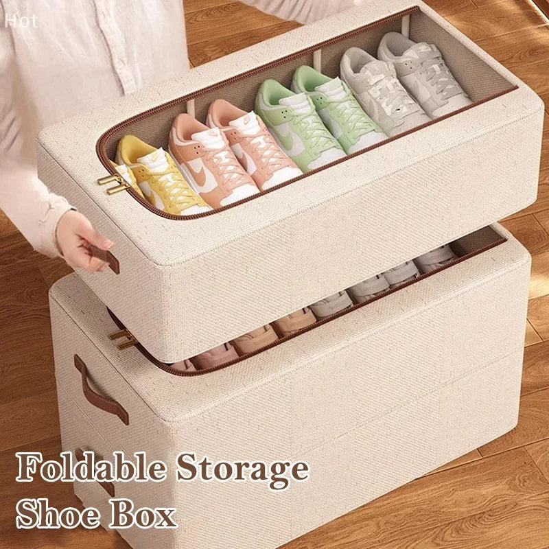 boîte rangement pliable chaussures tissu lin moderne poignées robustes transparente conteneur storage