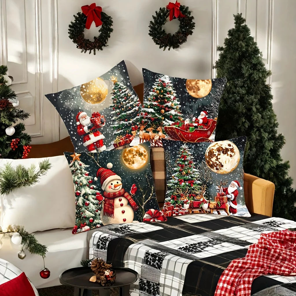 housses d'oreiller noël santa rennes arbre cadeaux lune flocons polyester fermeture éclair machine 45cm