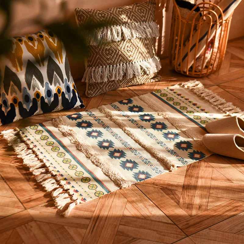 tapis boho chic géométrique coton pompons antidérapant intérieur étoiles cercles triangles