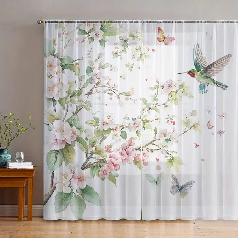 rideau transparent imprimé fleurs papillons oiseaux moderne blanc vert rose bleu maison hospitalité