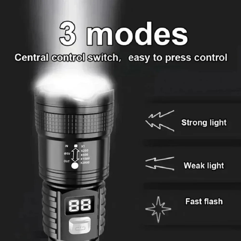 lampe torche rechargeable led noire zoom moderne robuste affichage batterie modes lumiere
