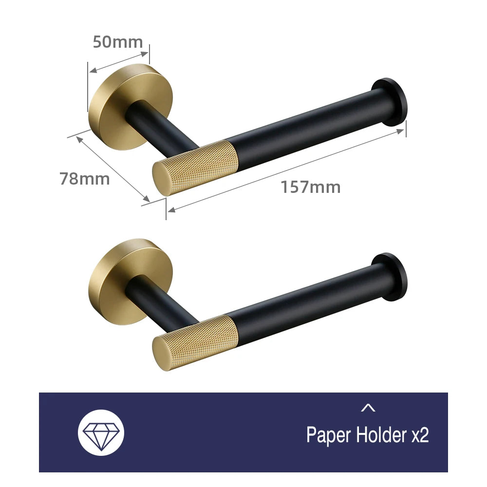 accessoires salle bains porte serviettes moderne porte savon noir doré texture moletée fixations élégants