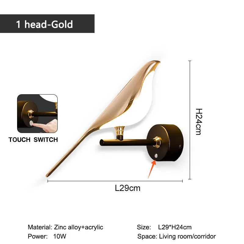 lampe murale oiseau or blanc contemporaine minimaliste touch switch plaquette métal