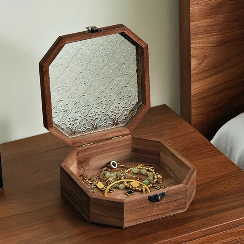 boîtes rangement bijoux bois miroir hexagonal vintage cadenas métal texture rustique classique