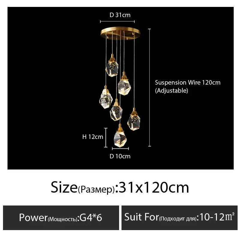 suspension lumineuse moderne transparente dorée facettes géométriques élégante leds
