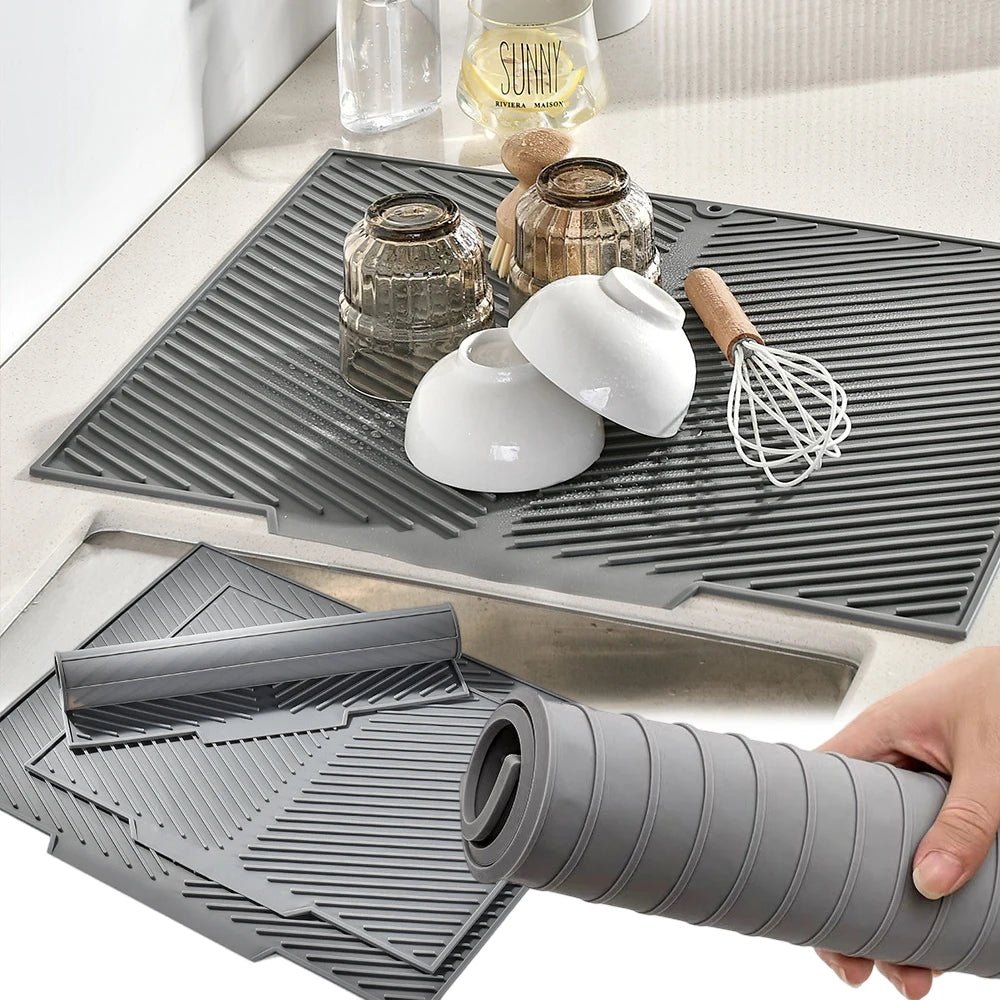 tapis silicone gris moderne rayures diagonales cuisine antidérapant respectueux environnement filtration eau protection vaisselle